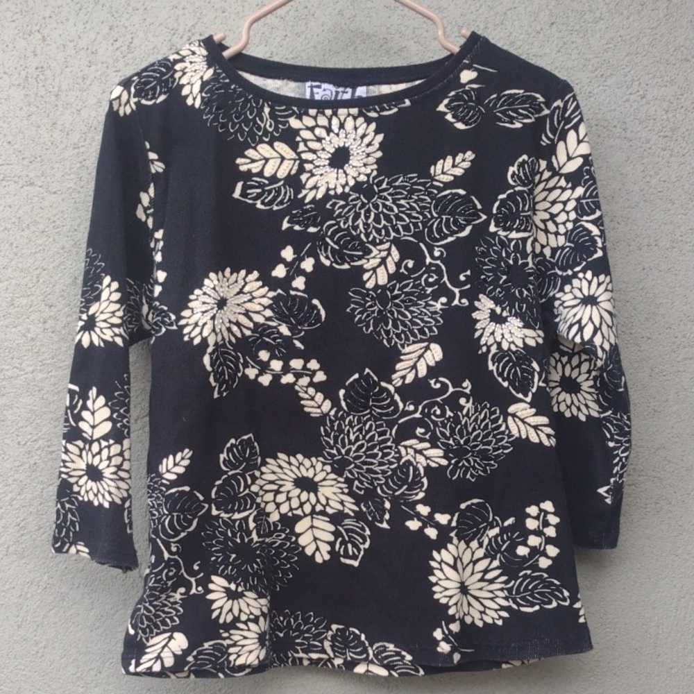 Faith Floral Black and Cream Bead Embellished Top XL